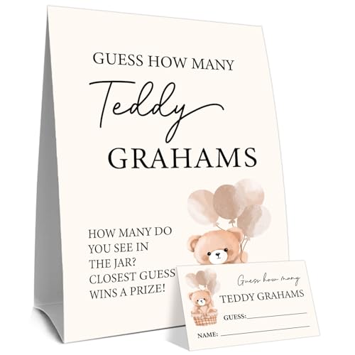 Guess How Many Teddy Grahams Baby Shower Game Guess How Many Teddy Grahams Games Card Bear Babies Party Game Sign Card Bear & Balloon Baby Shower Games Gender Reveal Decor (1 Sign & 30 Cards Set)