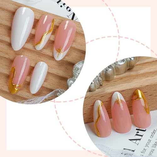 White French Tip Press on Nails Medium Almond Fake Nails with Design Gold Glitter Curve False Nails Full Cover Acrylic Nails Artificial Glue on Wedding Nail Art Stick on Nail for Women 24 Pcs — view 2