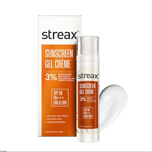Image of Streax Sunscreen Gel Creme SPF 50 PA+++, 50g | 3% Niacinamide | Serum Infused Sunscreen | Non-Oily, No White Cast | Hydrating & Brightening