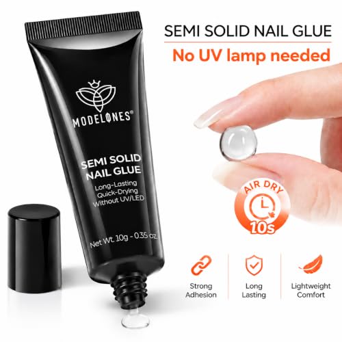 Image of Modelones Almond Gel Nail Tips Kit, No UV Lamp Semi Solid Glue Nail File | 15Sizes 240PCS Pre Etched Half Matte Medium Press On Nails No UV Light Needed Quick Drying, Long Lasting DIY Home Salon