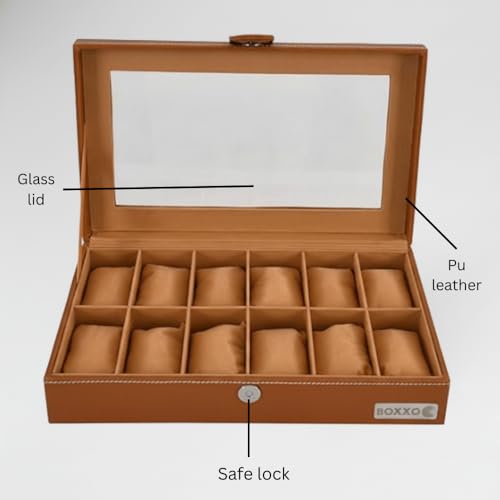 Image of BOXXO 12 Slot Watch Organizer Box for Men & Women - Premium PU Leather Watch Case, Soft Velvet Cushions & Glass Lid Display, Elegant Storage Box - 34x20x8 cm (Tan & Brown (Transparent), 12 Slots)
