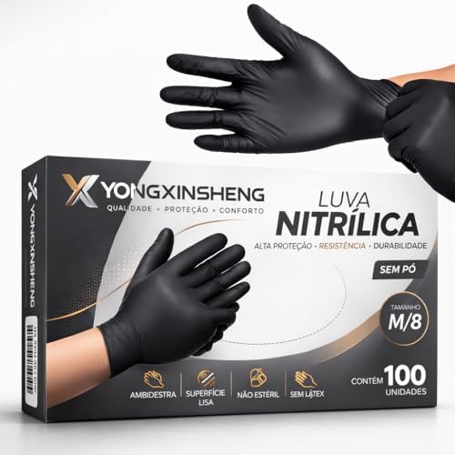 Luva Nitrilica Preta Premium | Sem Pó Antiderrapante | 100 Unidad...