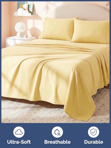 Image of Kids Full Size Bed Sheet Set - 4 Piece Kids Loft Bed Sheets - Solid Yellow Themed Bedding - Soft, Cute and Cozy - Breathable and Machine Washable - Bedding for Boys, Girls, Teens & Toddlers - Oeko-Tex