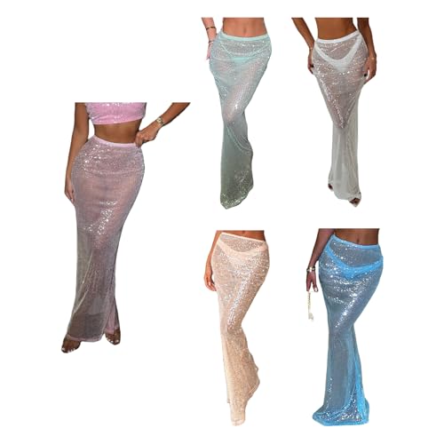 Sequin Sheer Skirt for Womens Y2K Sparkly Elastic Waist See Through Bodycon Maxi Skirt Going Out Rave Party Clubwear2