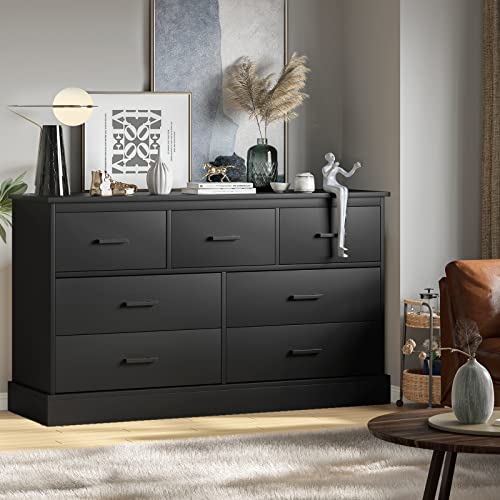 Hasuit Black Dresser For Bedroom, 7 Drawer Dresser, Wide Chest Of Drawers With Sturdy Base, Wood Storage Tower Clothes Organizer, Large Storage Cabinet For Closet, Living Room, Hallway #TOP4