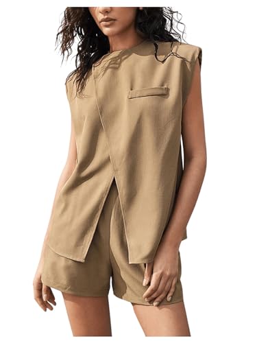 Floerns Women's Two Piece Sets Business Sleeveless Wrap Split Front Tank Top Shorts Outfits Khaki X-Small