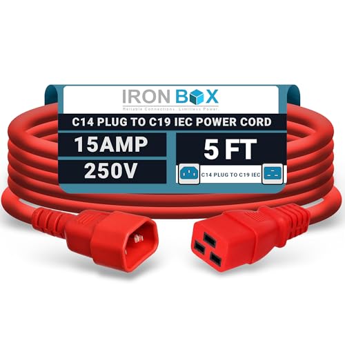 Image of IronBox Electric - Heavy-Duty C14 to C19 Power Cord, 15A, 250V, 14 /3 SJT - IEC60320 PC Cable for Computer Extensions, Monitor, PSU - C14 Male to C19 Female Connector Power Cable - (Red 5 Foot)