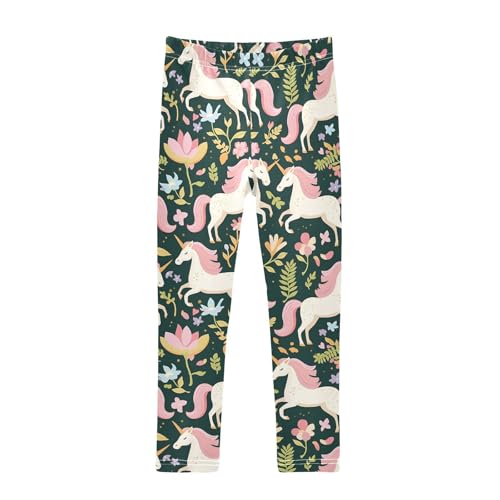 White Unicorns Girls' Leggings Toddler Doodles Green Leaves Flowers Kids Yoga Pants Dance Active Tights 7-8T