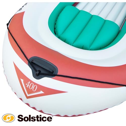 SOLSTICE Inflatable Boat for Lakes, Rivers & Beaches – Heavy-Duty Raft with Swivel Oar Locks, Rod Holders & Inflatable Seats – Voyager, Fishing, Full Kit Includes Oars & Pump, 4-Person, Brown, 8'6"