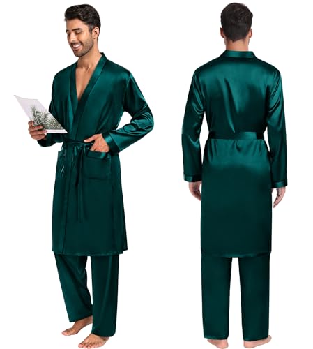 Image of SWOMOG Mens 3 PCS Satin Robe with Pants & Shorts Set Kimono Bathrobe Long Sleeve Sleepwear Pjs Sets with Pockets