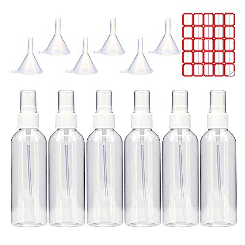 Dolovemk Travel Spray Bottle for Toiletries with Labels 6 Pack 3.4oz (100ml) Leak Proof Small Spray Bottle Plastic Fine Mist Refillable Spray Bottle Empty Spray Bottles for Face, Essential Oils