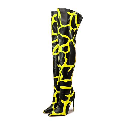 Image of Thigh high boots for women striped Back zipper Burgundy Zebra Print Over the knee Sexy gold white pointed toe Cow Print leopard Magenta stiletto heel