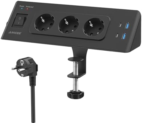 3 Fach Tischsteckdose mit USB C, 7 in 1 Mehrfachsteckdose mit Schalte | Steckdosenleiste Schreibtisch mit 2x USB-C + 2x USB-A, 1200 J Überspannungsschutz Steckdose mit 2M Kabel für