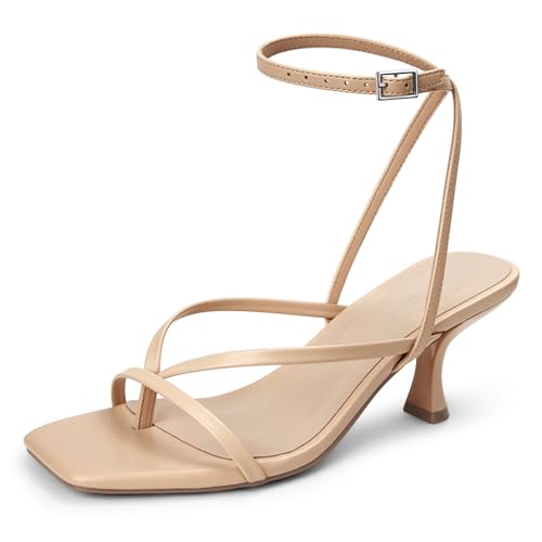 Image of Women's Kitten Heel Strappy Open Square Toe Thong Ankle Strap Heels for Wedding