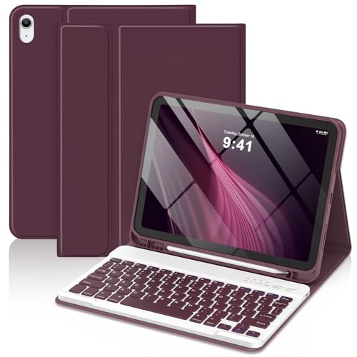 Image of MMK for iPad 11th 10th Generation Case with Keyboard (2022, 10.9 inch), Wireless Detachable Keyboard, Pencil Holder for iPad 11 inch (A16 2025), 10th Gen (10.9 Inch 2022) Crimson Purple