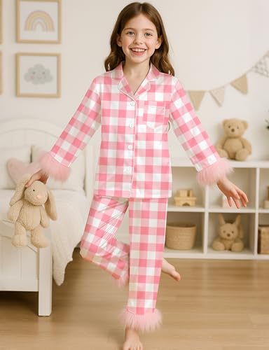 EPLAZA Kids Satin Pajamas for Girls Silk Pajamas Set 2-Piece Feather Long Sleeve Button Down Pjs Set Sleepwear with Eye Mask3