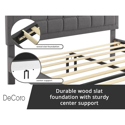 Image of Decoro Mornington Upholstered 2.0 Platform Bed, Button-Tufted Fabric Headboard and Metal Frame with Wood Slat Support, Light Grey, Full