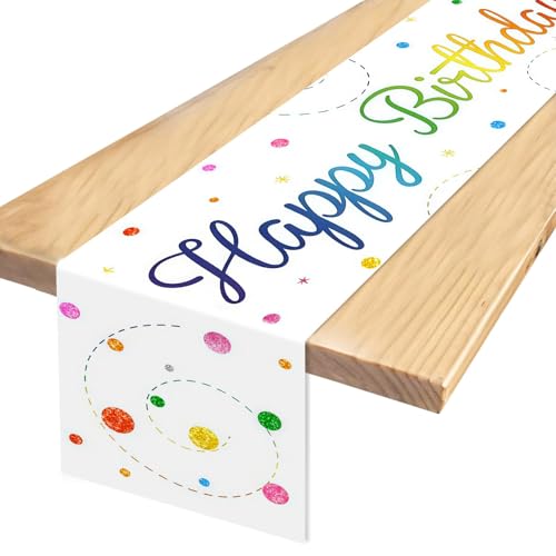 Bunt Happy Birthday Tischdecke,geburtstagsdeko,Tischläufer Geburtstag,Tischdeko Geburtstag für Junge Mädchen Table Runner Birthday,Party Dekoration, 180 X 35 cm（Weiß）