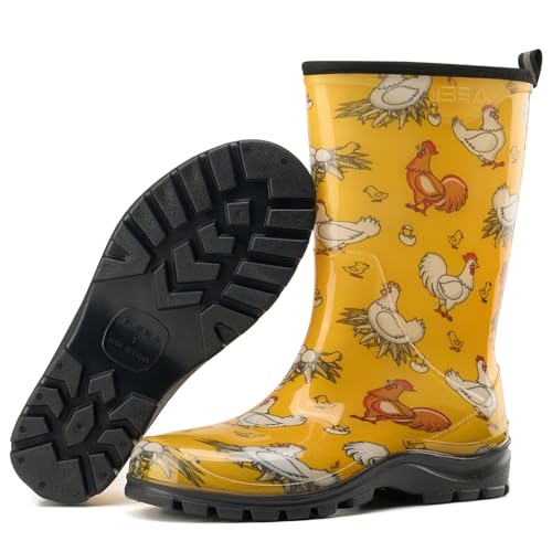 HISEA Women's Garden Boots, Upgraded Wide Round Toe Mid Calf Waterproof Rain Boots, Non-Slip PVC Mud Boots for Outdoor Farm Work & Gardening