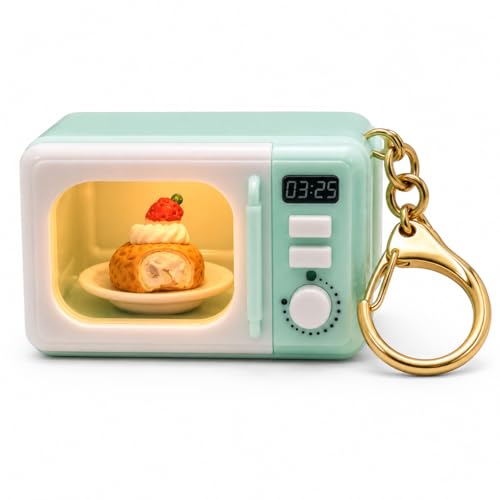 Mini Microwave Oven Keychain with LED Light & Dessert Toy | Cute Kawaii Retro Keyring | Portable Bag Charm for Backpack, Handbag & Car Keys | Pastel M