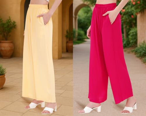 Image of Buy That Trendz Palazzo Pants for Women Rayon Elasticated Regular Fit Flared Wide Leg M to 6XL Pack of 2
