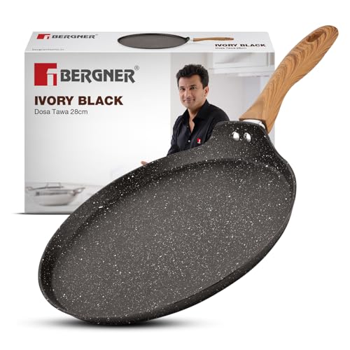 Image of BERGNER Ivory Black Granite Non-Stick 28cm Dosa Tawa, 3-Layer Marble Healthy Non-Stick Coating, Forged Aluminium, PFOA Free, Non Toxic, Large Flat Dosa Tawa, Induction and Gas Stove Ready - Black