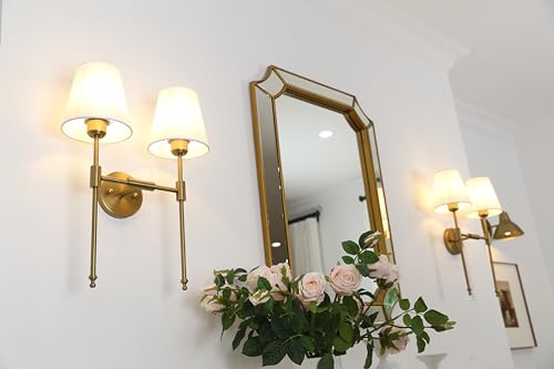 Image of PERMO Classic Rustic Double Sconce Large 2-Lights Wall Sconce with Flared White Textile Lamp Shade and Antique Brass Finished Long Arm, Wall Sconce Light Fixture for Living Room Bathroom Bedroom