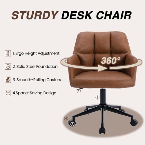 Image of HNY Modern PU Leather Office Desk Chair, Height Adjustable Comfy Swivel Vanity Make up Chair with Wheels for Living Room Home Office Computer, Brown