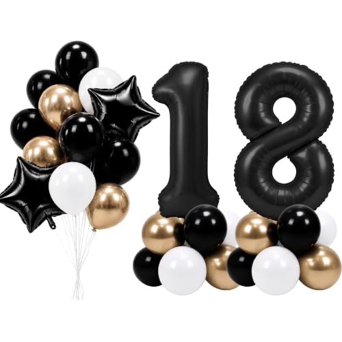 Image of PartyWoo Black Number 18 Balloon 40 Inch 25pcs Black Foil Star White Gold