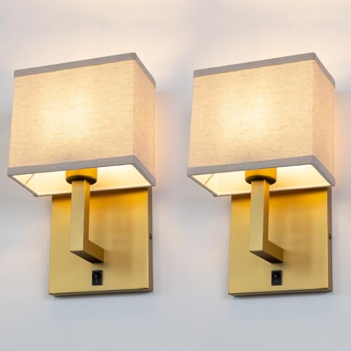 Image of Yosoan Set of 2 Linen Boho Fabric Wall Sconce with On Off Switch, Brass Vanity Retro Hardwired Indoor Vintage Industrial Wall Mount Lamp Fixture Lighting for Bedside Living Room Stairwell(Antique)