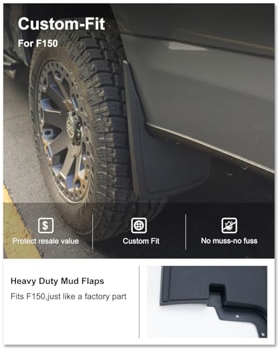Image of Kiwi Master Mud Flaps for 2015-2020 Ford F-150 (Without OEM Fender Flares), OEM Replacement # FL3Z-16A550-CA, FL3Z-16A550-DA, Heavy Duty Mud Guards, Front & Rear Splash Guards, No Drill, 4 Pcs Set