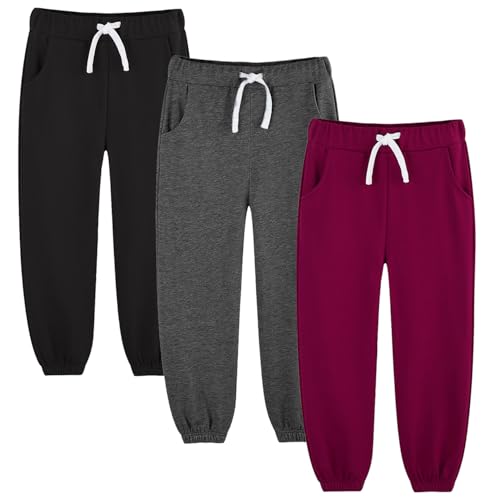 Boys Joggers Pants Sweatpants Little Kids 3 Pack Cotton Athletic Sport School Jogging Fashion Cinched Hem Sweat Pant Clothes Clothing Outfits with Pockets Trousers Black/Burgundy/Dark Grey Size 6