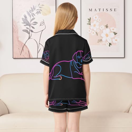 ALAZA Neon Dachshund Puppy Dog Black Satin Pajamas Set Short Sleeve Button Down Sleepwear Summer Pjs 2 Piece4