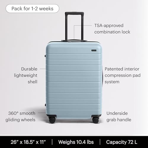 Image of Away Amazon Exclusive Medium Checked Luggage - 26-Inch Lightweight Hardside Suitcase with Custom WhisperGlide 360 Wheels, Interior Compression System, TSA-Accepted Lock - Sky Blue