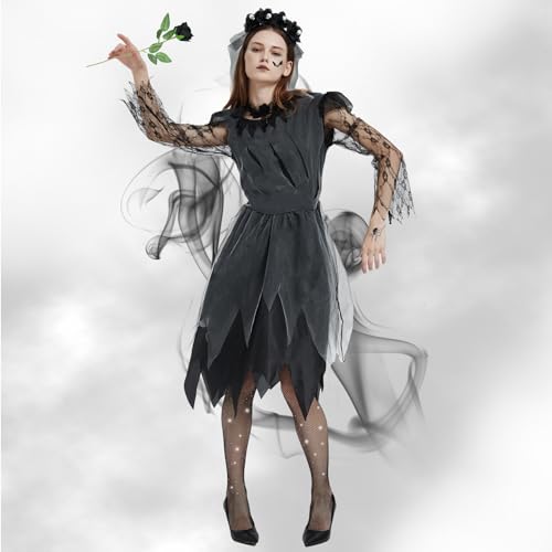 HERMORRYSS Disfraz de Novia Zombie Mujer, Disfraz de Novia Cadaver, Vestido NoviaS Fantasma Gótica con Collar y Velo, Vestido de Terror, Traje NoviaS Muerta para Halloween Cosplay Fiestas (L)