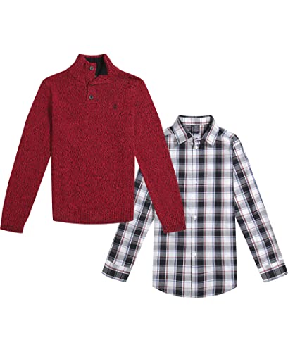 Izod Boys' 2-Piece Sweater Set With Long Sleeve Collared Button-Down Dress Shirt, Tango Red Marled/Plaid, 14-16 Husky #TOP1