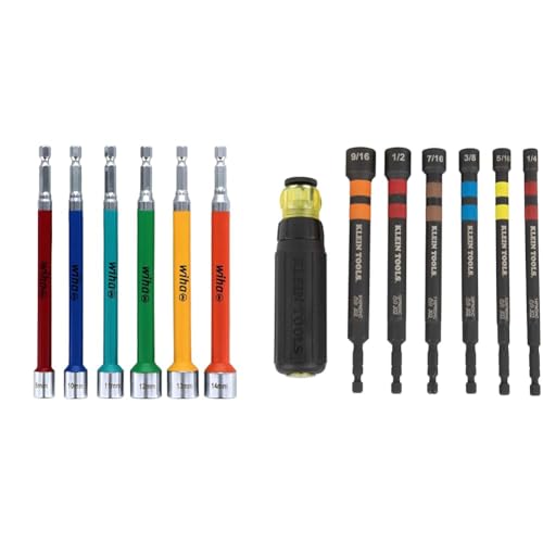 Image of Wiha 70487 6 Piece Color Coded Magnetic Nut Setter Metric Set & Klein Tools 32950 Ratcheting Impact Rated Hollow Power Nut Driver Set with Handle, Magnetic, Color Coded, 6 SAE Hex Sizes