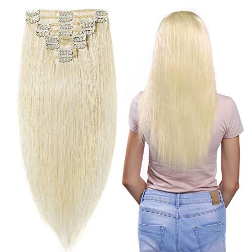 10"-24" 70g-120g Clip in Remy Human Hair Extensions Full Head 8 Pieces Set Short/Long length Straight Very Soft Style Real Silky for Beauty (10"-70g, #60 Platinum Blonde)