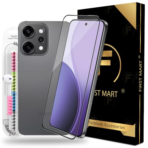Image of FIRST MART Tempered Glass for Oppo Reno 14 Pro, 9H 0.3 mm Full-Glue Screen Protector with Cable Protector, 3D Edge-to-Edge, HD Clear, Case-Friendly, Black, Pack of 1
