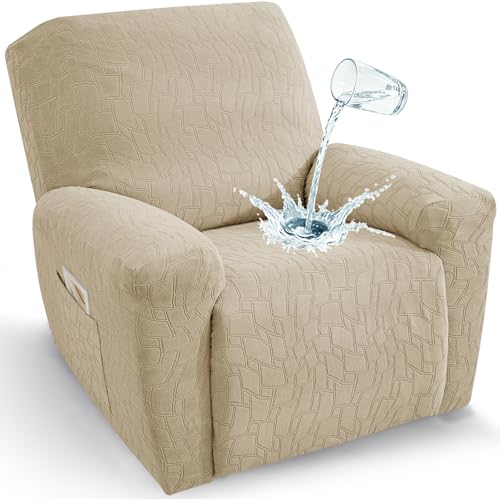 Image of ZNSAYOTX 100% Waterproof Recliner Chair Covers, 3-Piece Stretch Fit Recliner Slipcovers with Buckle & Elastic Band for Lazy Boy, Stay in Place, Soft Plaid Jacquard Protector (X-Large, Khaki)