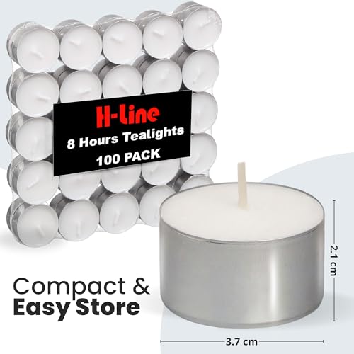 H-line Unscented Tea Lights Candles - 100 Pack Long Lasting 8 Hour Burn Time Smoke Free Bright Flame - Ideal for Weddings,Events,Aromatherapy,Home,Emergency Use Premium Quality Energy Class A+