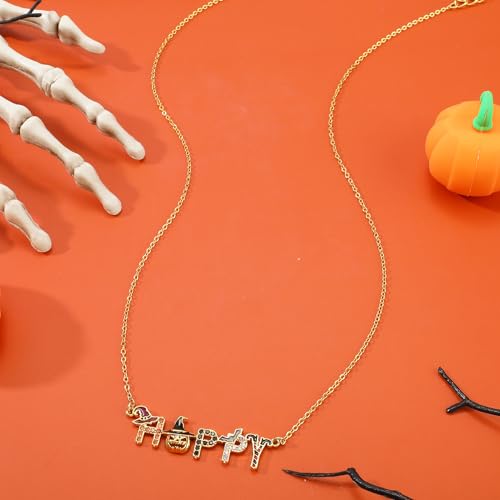 Gold Halloween Charm Necklace 14K Gold Plated Cute Enamel Bat Witch Hat Pumpkin Pendant Necklace HAPPY HALLOWEEN Letter Necklace Adjustable Fun Halloween Costume Party Jewelry Gift for Women Men4