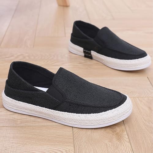 MILDSEVEN Handmade Men's Simplicity Linen Shoes, Casual Traditional Chinese Canvas Shoes, Fashion Comfortable Retro Loafers,7,Black2