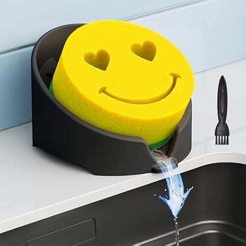 NiHome Silicone Sponge Holder Compatible with Scrub Daddy Mommy Sponges for Kitchen & Bathroom, Auto Draining Organizer, Holds Multiple Sponges & Cleaning Tools, Food-Grade, Dishwasher Safe (Black) Cover