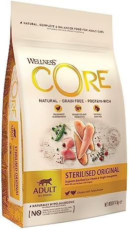 Wellness CORE Sterilised Original, 4kg, Chicken & Turkey, Dry Cat Food for Sterilised / Indoor Cats, Grain-Free, High Meat Content, Protein-Rich, Supports Healthy Weight Management