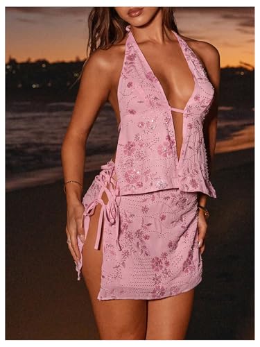 MakeMeChic Women's Floral Sequin Halter Top Tie Backless Slim Fitted Summer Crop Tops4