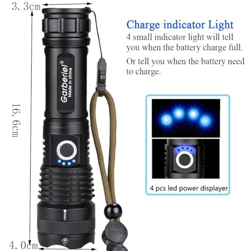 Garberiel XHP50 LED Torch Super Bright Powerful Tactical Flashlight 5 Modes Waterproof Torch Light for Camping, Working,Outdoor with Charger & Battery (1 Pack 10000 Lumen)
