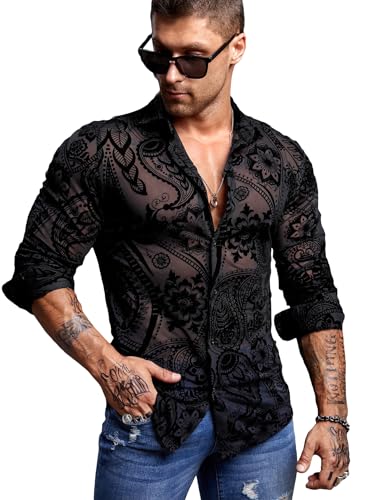 WDIRARA Men's Floral Paisley Print Mesh Button Down See Through Slim Fit Party Shirt Top Tee