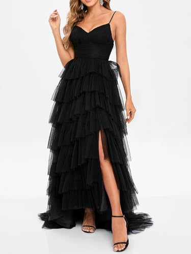 Ball-Gown/Princess Elegant V-Neck Sweep Train Sleeveless Tulle Prom Dresses Evening Dress with Leg Slit 20242