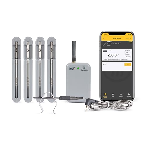 RFX | Smart Wireless Meat Thermometer | Wi-Fi & Radio Frequency | Stronger Signal Than Bluetooth | Meat Probe for Use in Smoker, Grill, BBQ, Oven - 4-Probe Kit